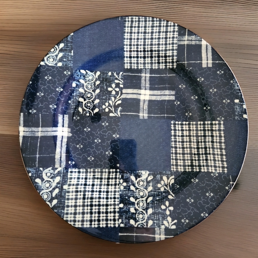 American Living Patchwork Denim Dinner Plates NWT Set of 2 Ironstone Americana - Picture 4 of 12